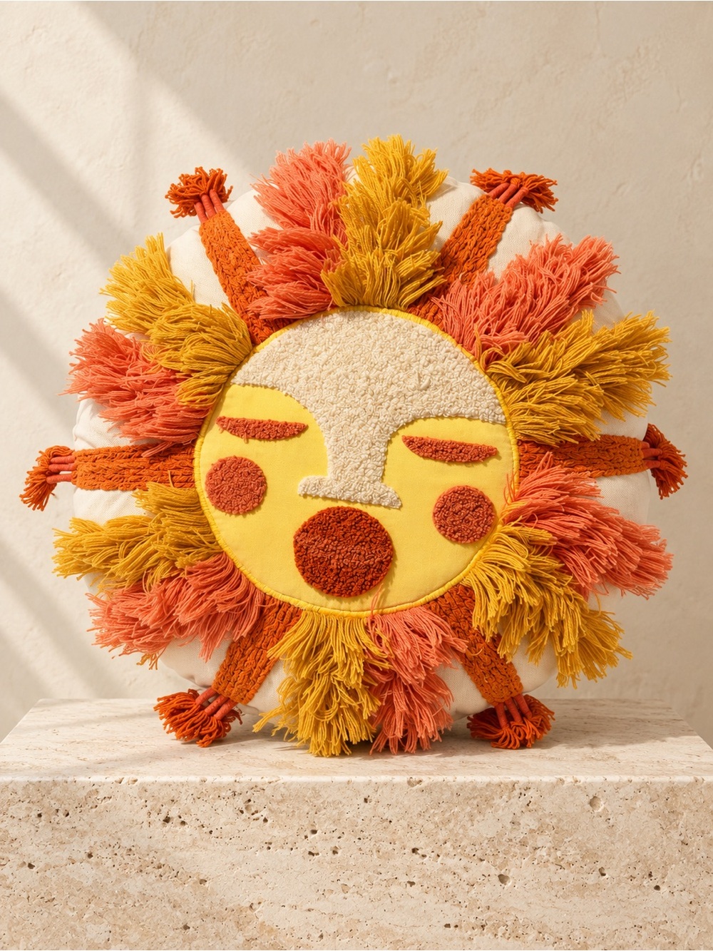 Sun Face Round Throw Pillow - Yellow & Orange